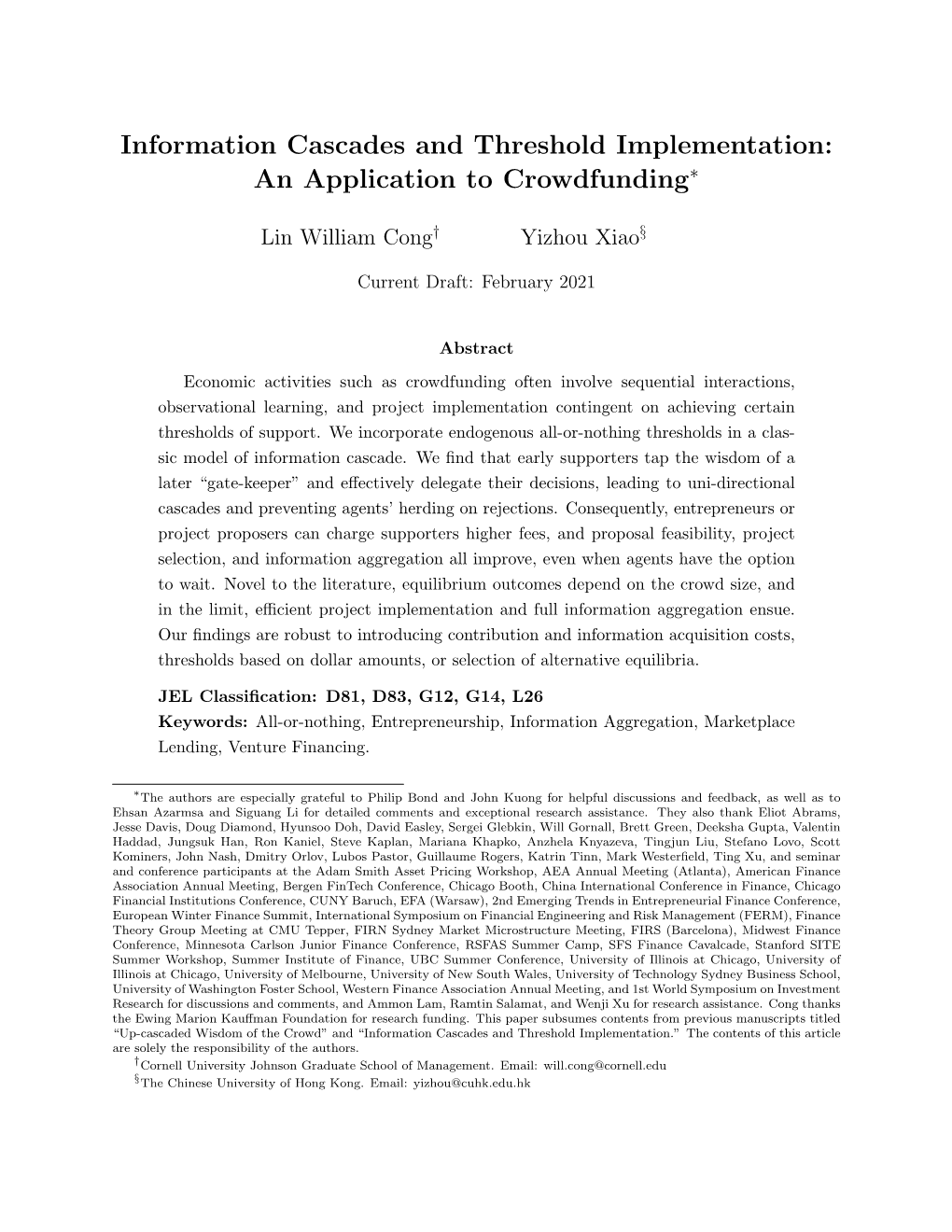 Information Cascades and Threshold Implementation: an Application to Crowdfunding∗