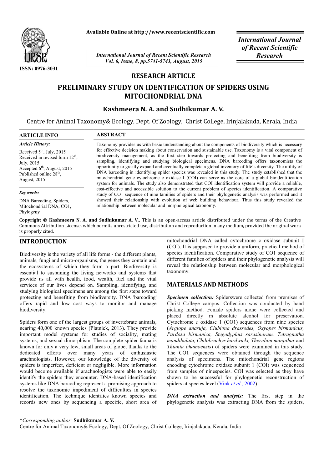 PRELIMINARY STUDY on IDENTIFICATION of SPIDERS USING MITOCHONDRIAL DNA Kashmeera N