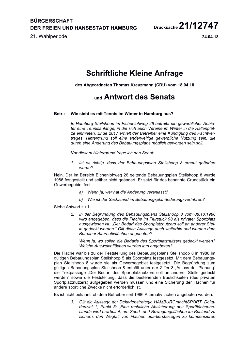 Schriftliche Kleine Anfrage Und Antwort Des Senats