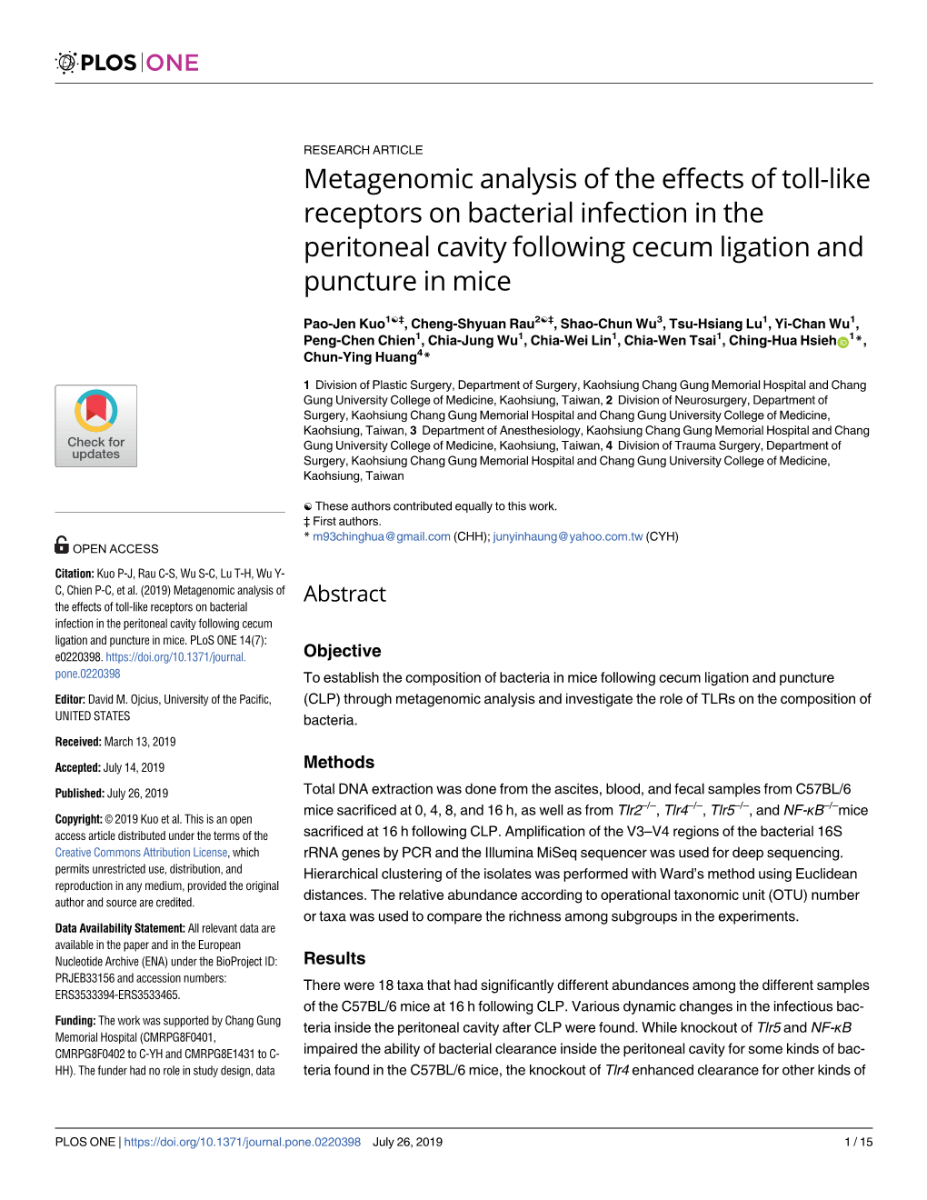 Metagenomic Analysis of the Effects of Toll-Like Receptors on Bacterial Infection in the Peritoneal Cavity Following Cecum Ligation and Puncture in Mice