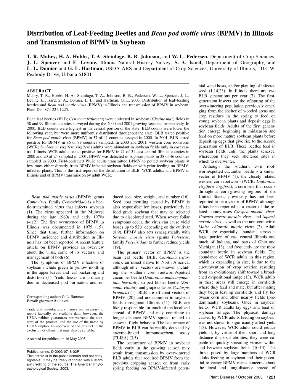 Distribution of Leaf-Feeding Beetles and Bean Pod Mottle Virus (BPMV) in Illinois and Transmission of BPMV in Soybean