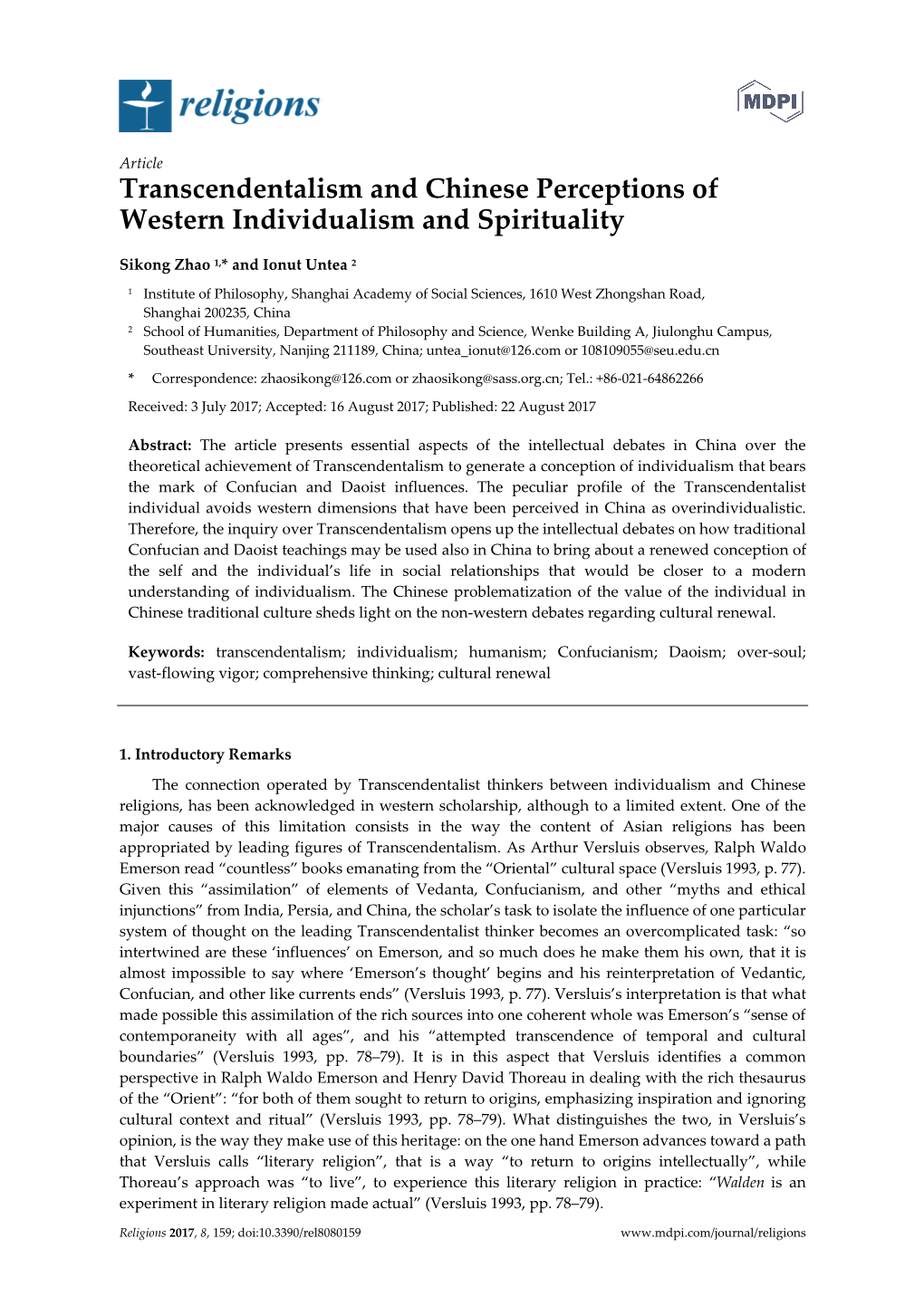 Transcendentalism and Chinese Perceptions of Western Individualism and Spirituality