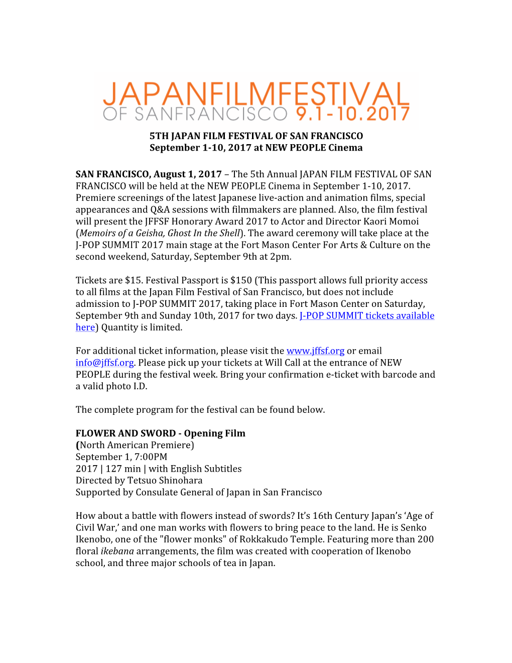 5TH JAPAN FILM FESTIVAL of SAN FRANCISCO September 1-10, 2017 at NEW PEOPLE Cinema