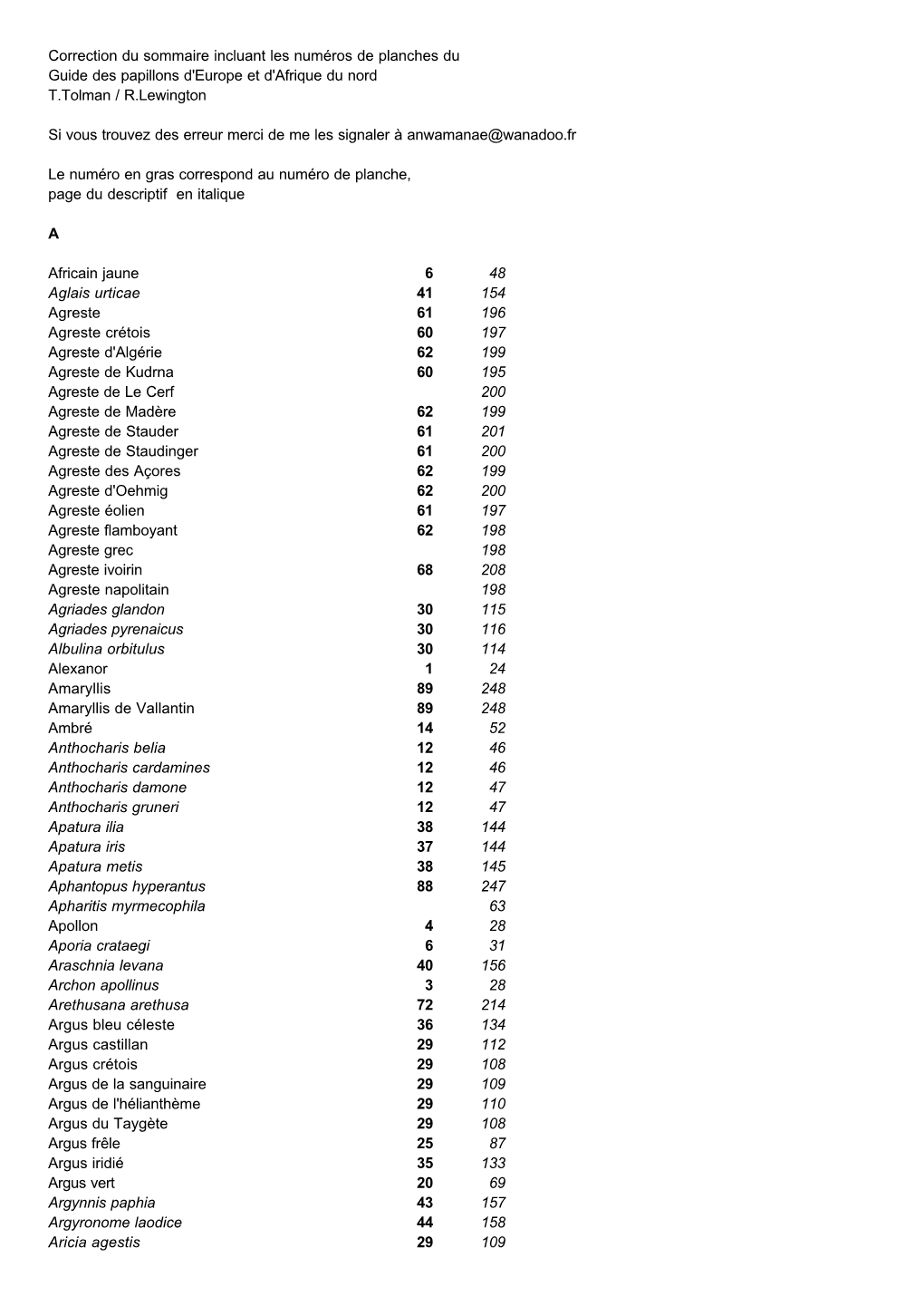 Correction Du Sommaire Incluant Les Numéros De Planches Du Guide Des Papillons D'europe Et D'afrique Du Nord T.Tolman / R.Lewington