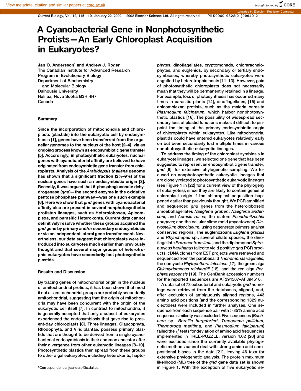 A Cyanobacterial Gene in Nonphotosynthetic Protists—An Early Chloroplast Acquisition in Eukaryotes?