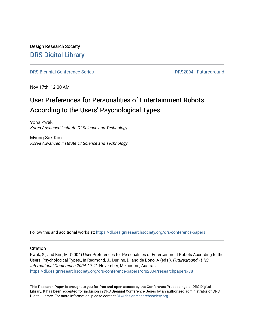 User Preferences for Personalities of Entertainment Robots According to the Users' Psychological Types