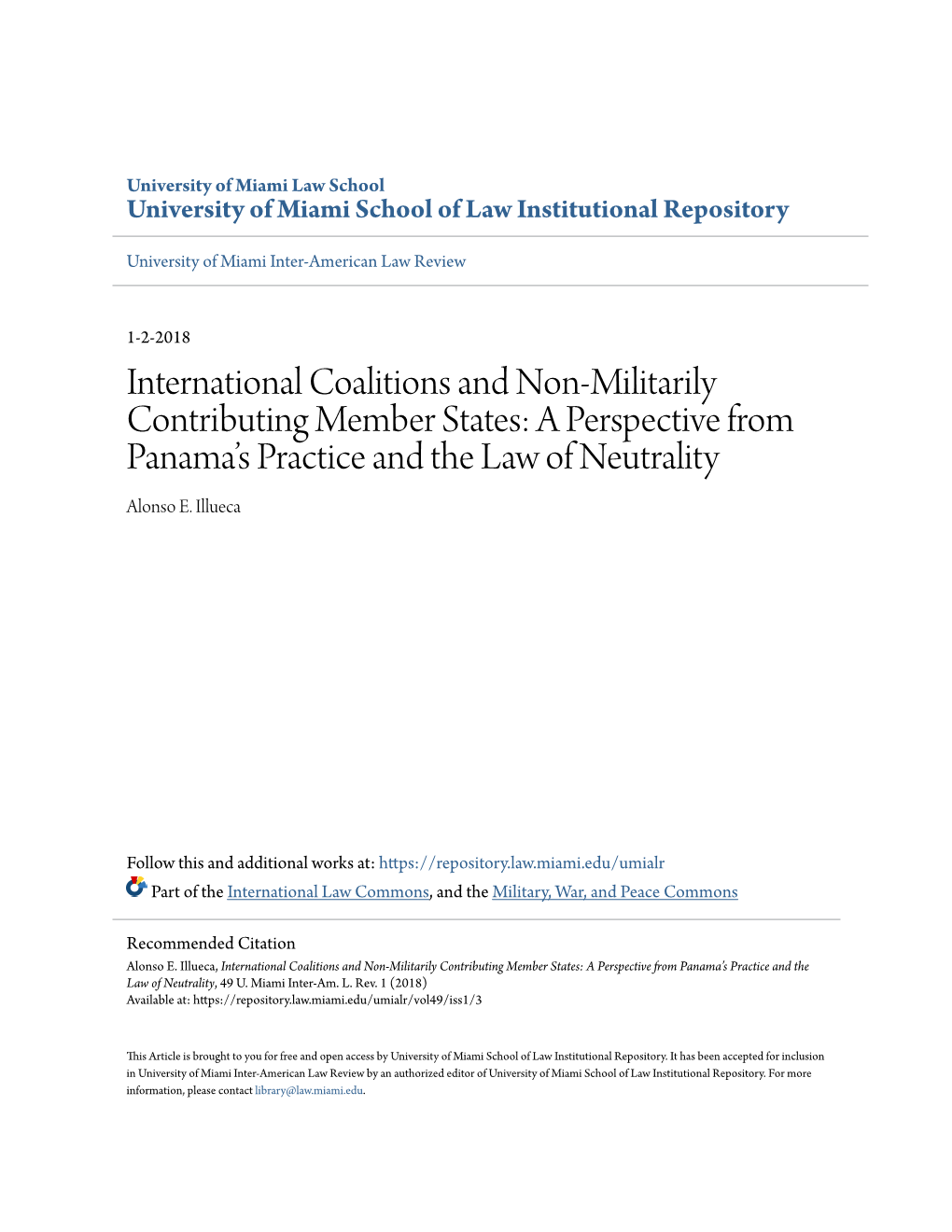 International Coalitions and Non-Militarily Contributing Member States: a Perspective from Panama’S Practice and the Law of Neutrality Alonso E