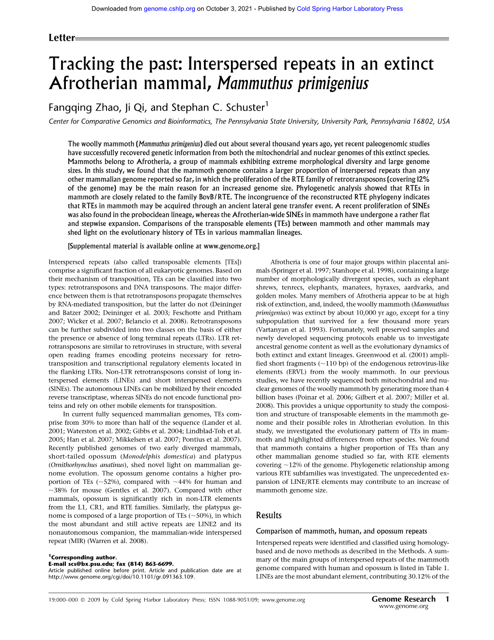 Interspersed Repeats in an Extinct Afrotherian Mammal, Mammuthus Primigenius