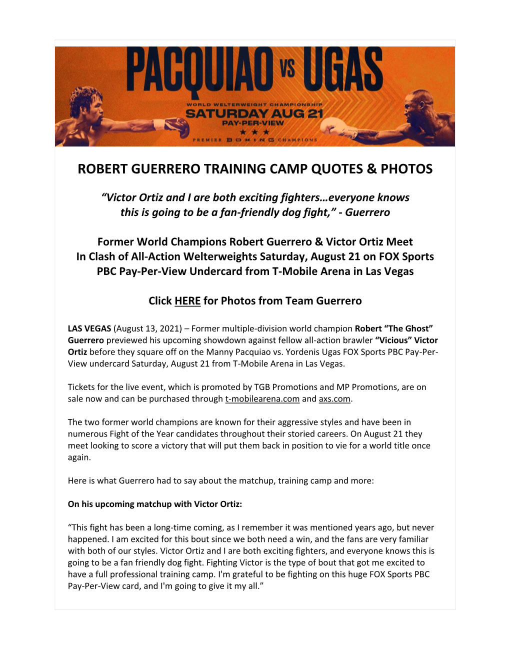 Robert Guerrero Training Camp Quotes & Photos