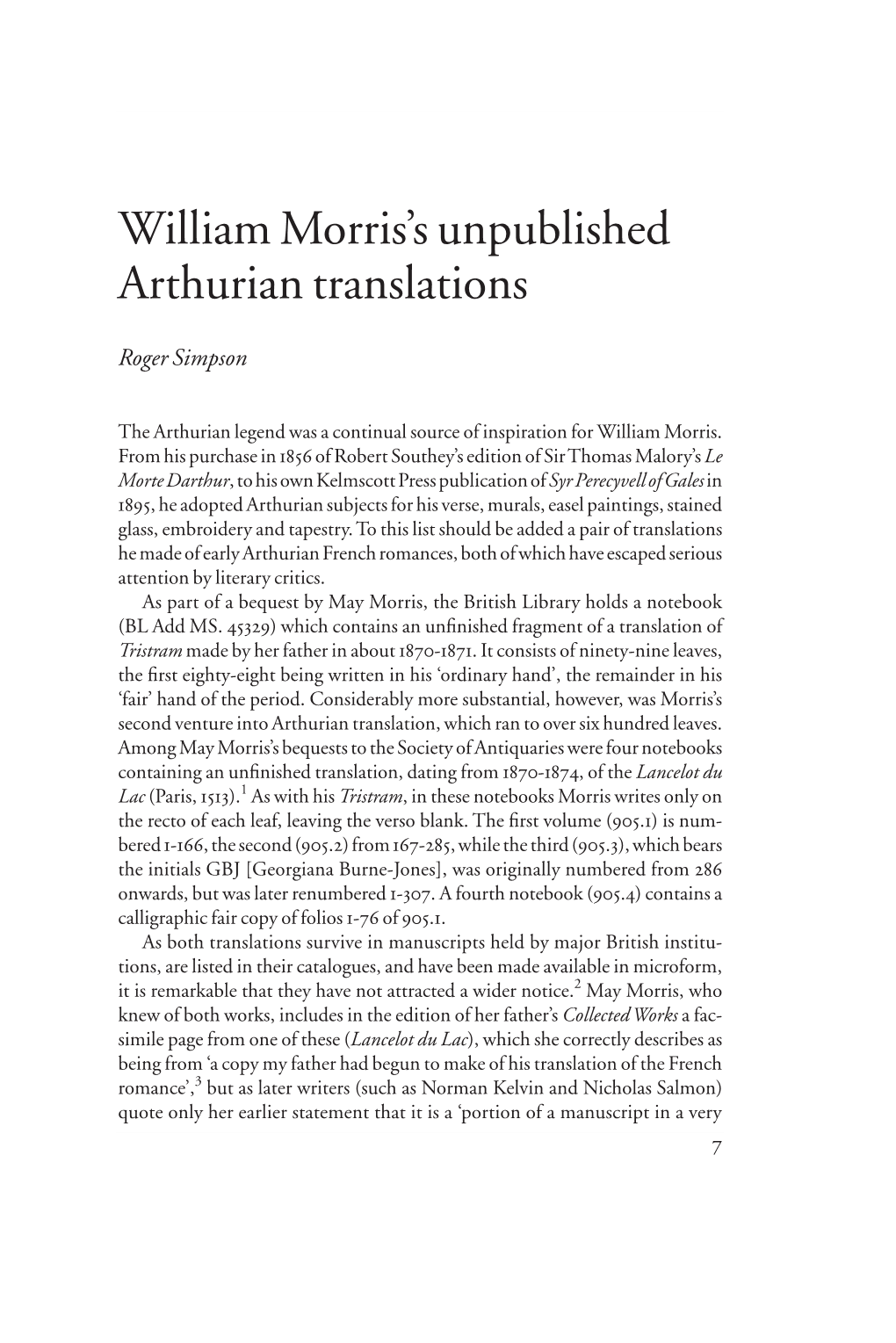 William Morris's Unpublished Arthurian Translations