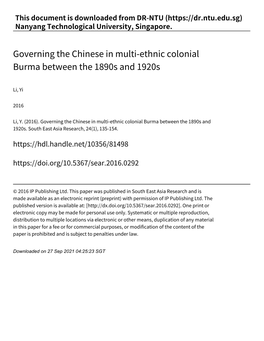 Governing the Chinese in Multi‑Ethnic Colonial Burma Between the 1890S and 1920S