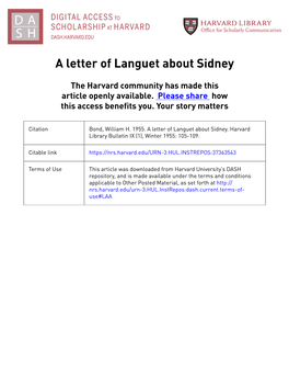 A Letter of Languet About Sidney