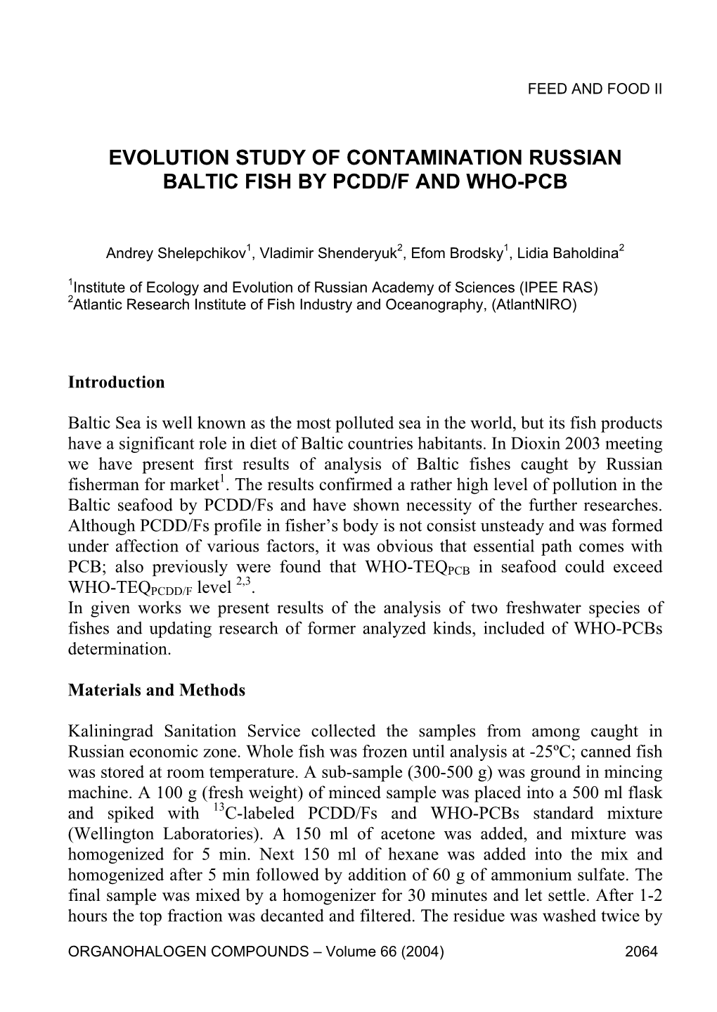 Evolution Study of Contamination Russian Baltic Fish by Pcdd/F and Who-Pcb