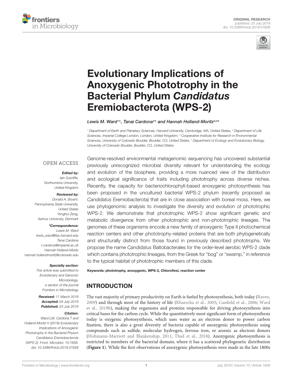 Evolutionary Implications of Anoxygenic Phototrophy in the Bacterial Phylum Candidatus Eremiobacterota (WPS-2)