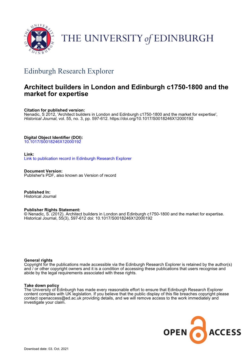 Architect Builders in London and Edinburgh C1750-1800 and the Market for Expertise
