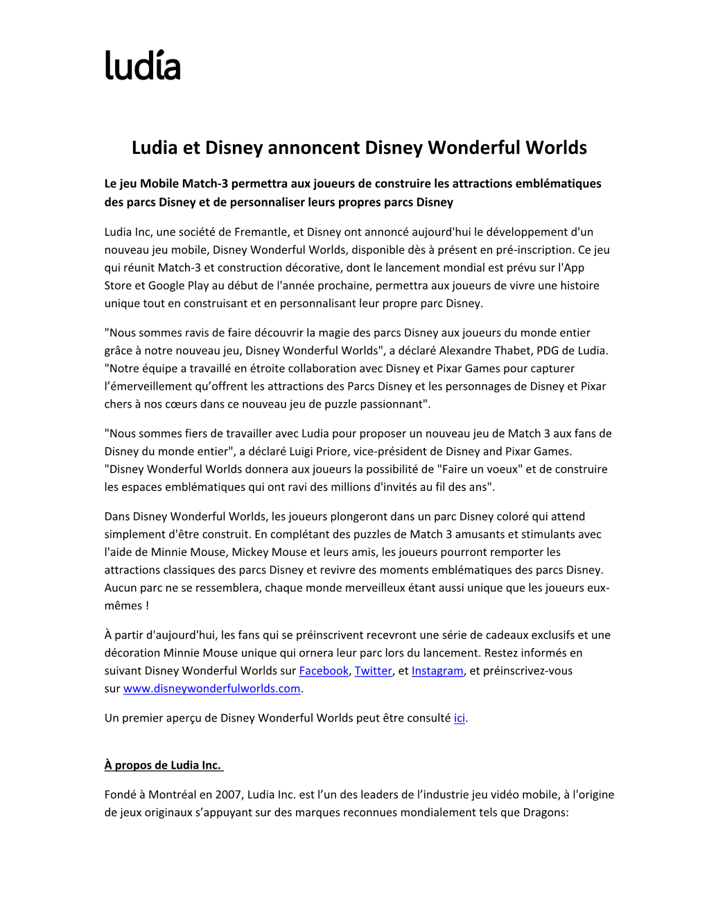 Ludia Et Disney Annoncent Disney Wonderful Worlds