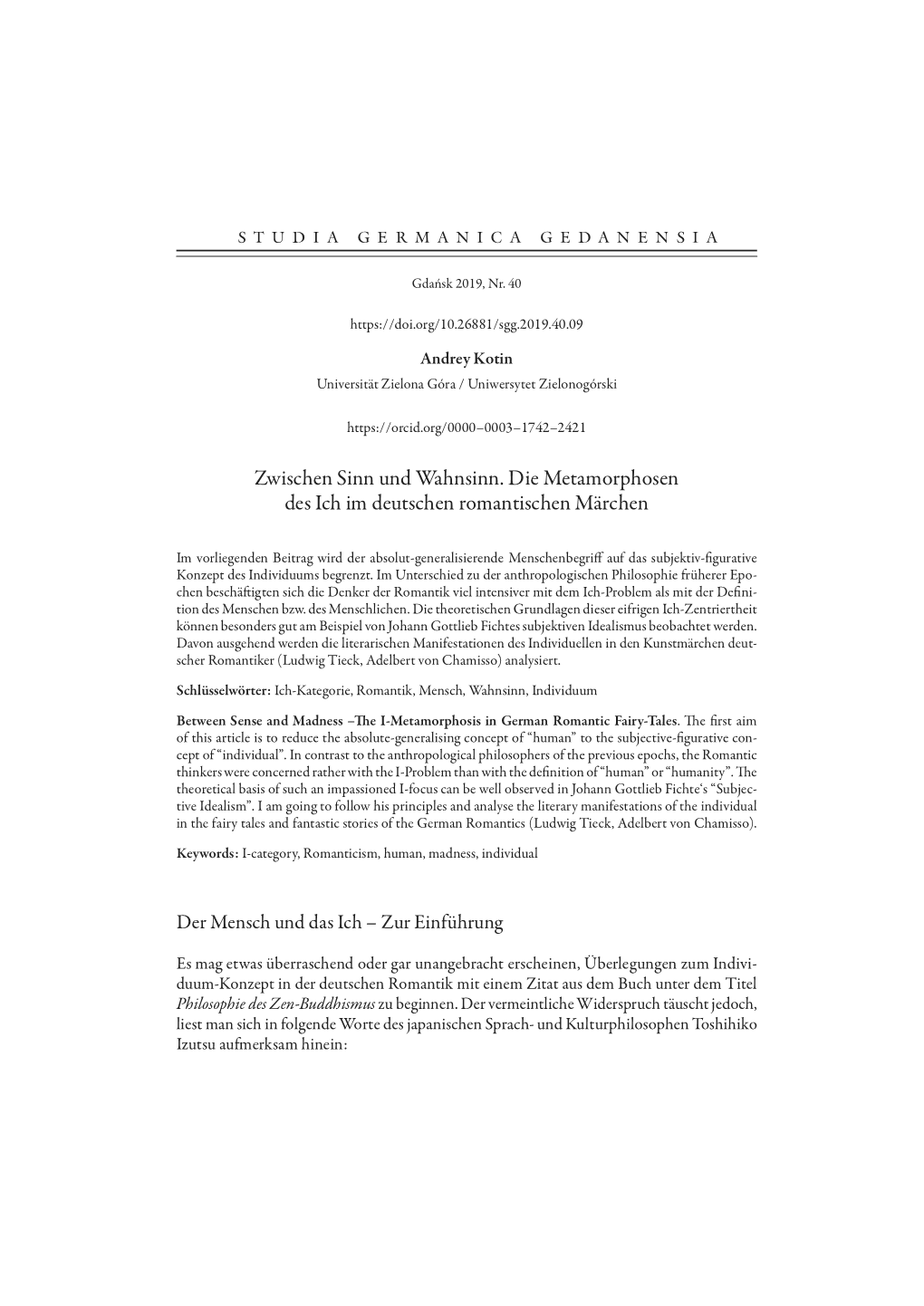 Zwischen Sinn Und Wahnsinn. Die Metamorphosen Des Ich Im Deutschen Romantischen Märchen