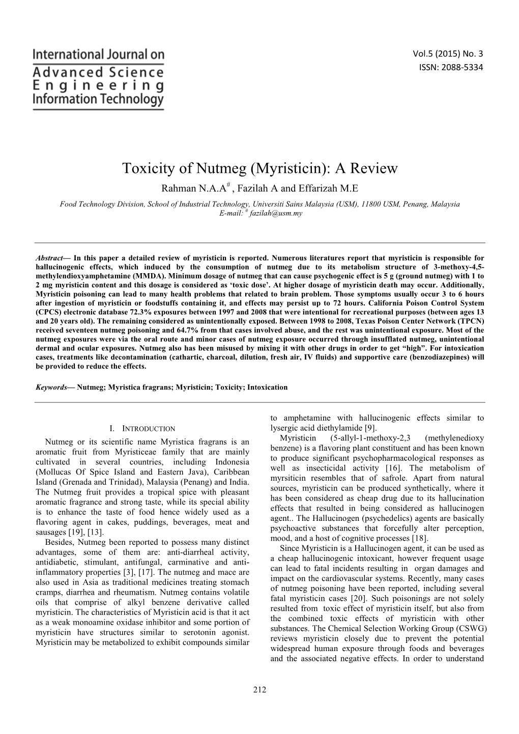 Toxicity of Nutmeg (Myristicin): a Review