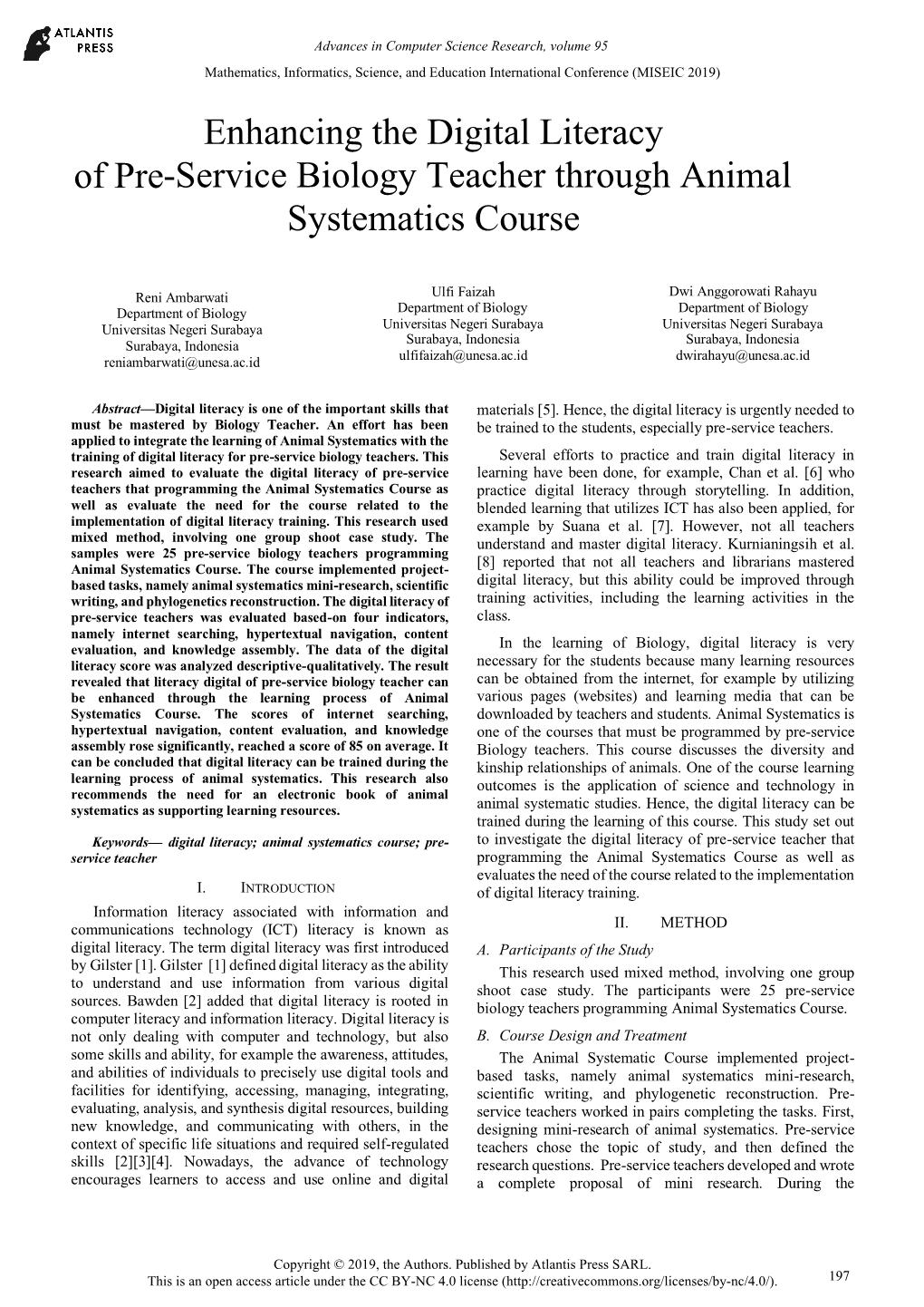 Enhancing the Digital Literacy of Pre-Service Biology Teacher Through Animal Systematics Course