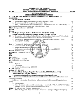 1 University of Calicut List of Affiliated Colleges