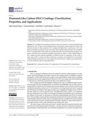 Diamond-Like Carbon (DLC) Coatings: Classification, Properties, and Applications