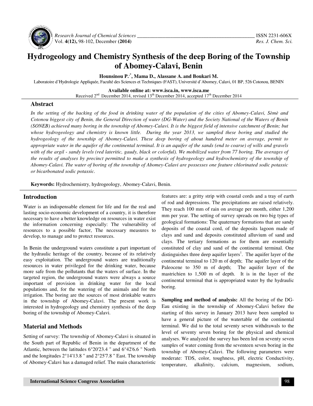Hydrogeology and Chemistry Synthesis of the Deep Boring of the Township of Abomey-Calavi, Benin