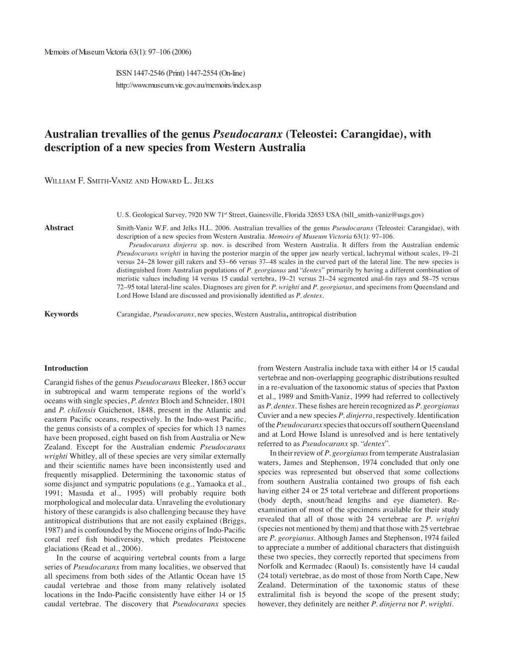 Australian Trevallies of the Genus Pseudocaranx (Teleostei: Carangidae), with Description of a New Species from Western Australia