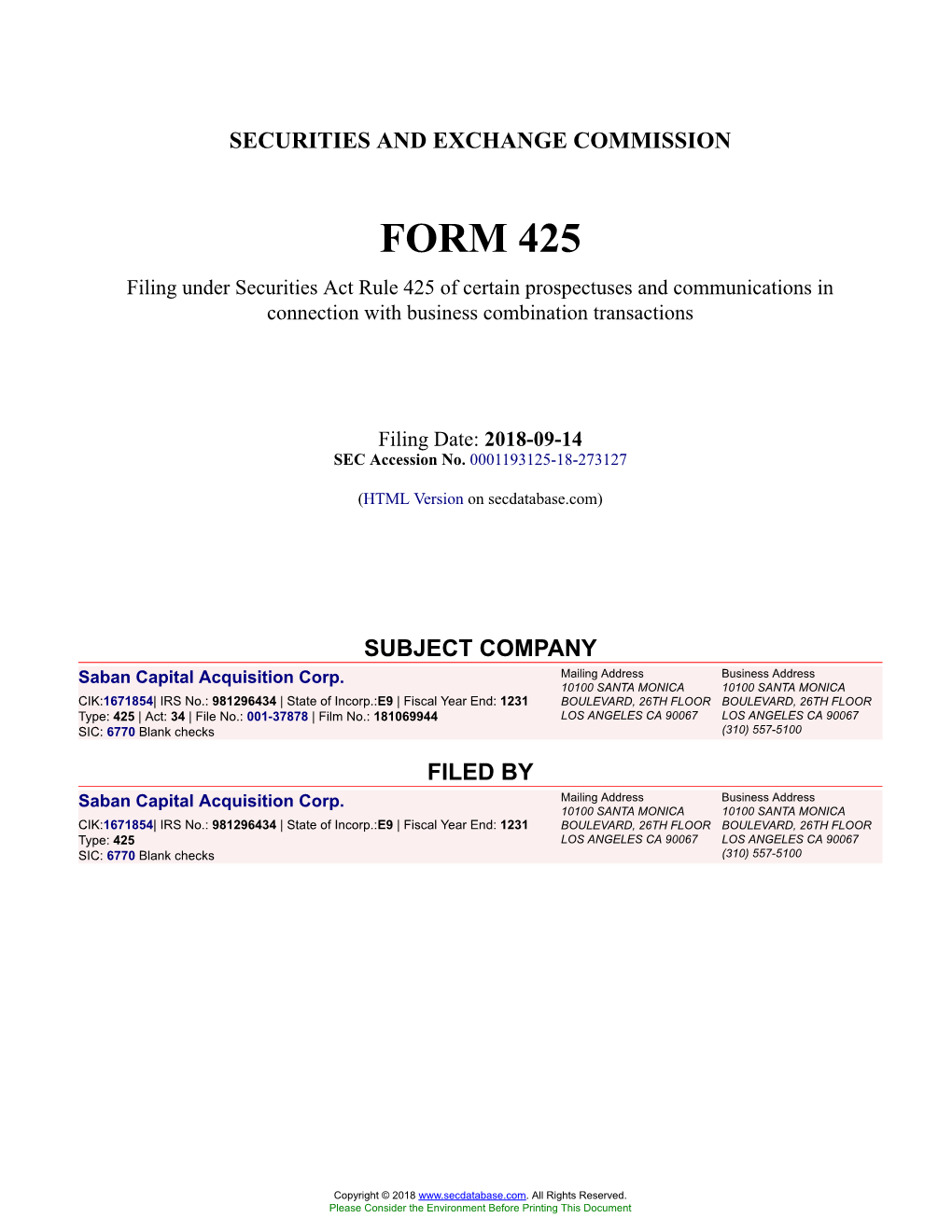 Saban Capital Acquisition Corp. Form 425 Filed 2018-09-14