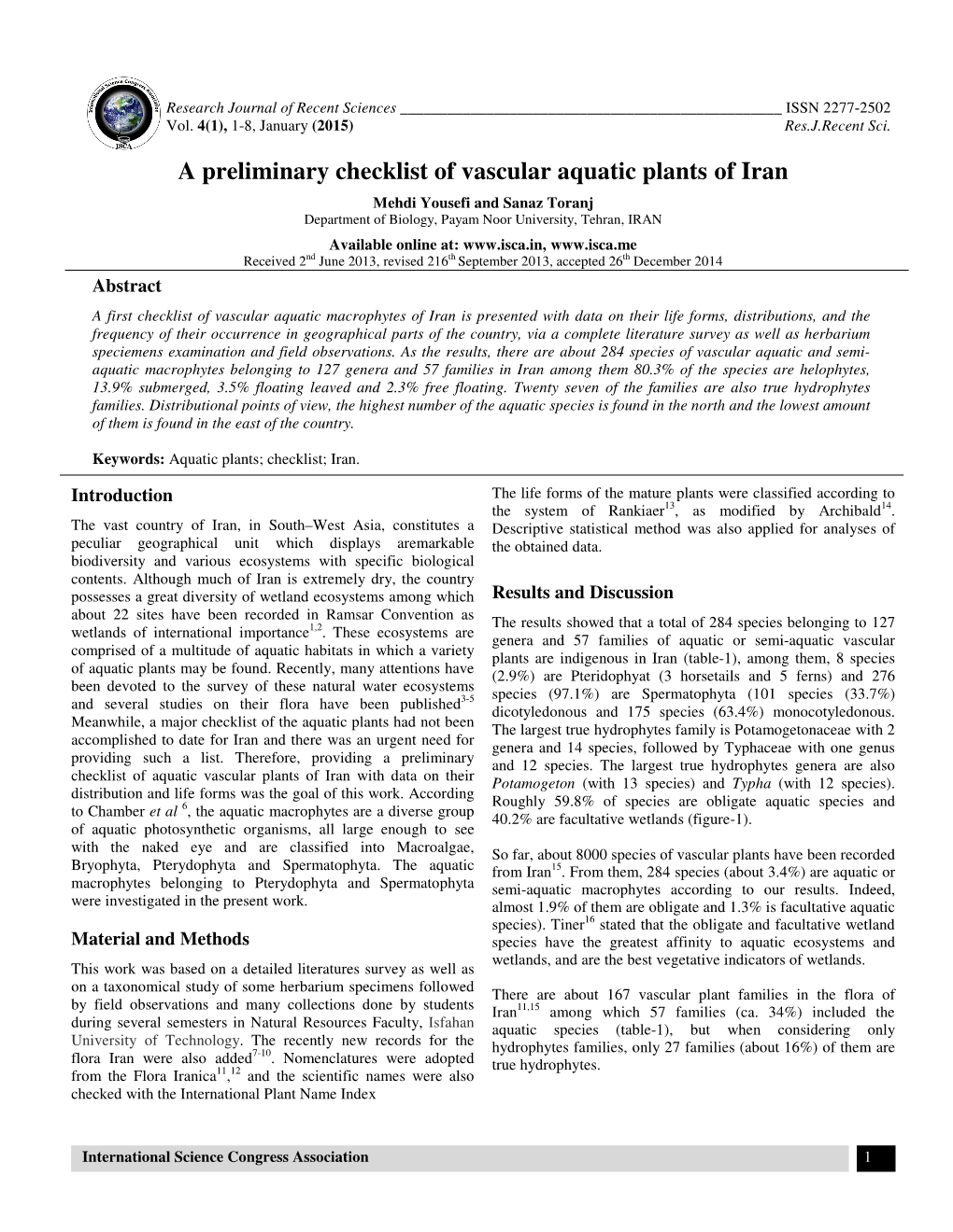 A Preliminary Checklist of Vascular Aquatic Plants of Iran