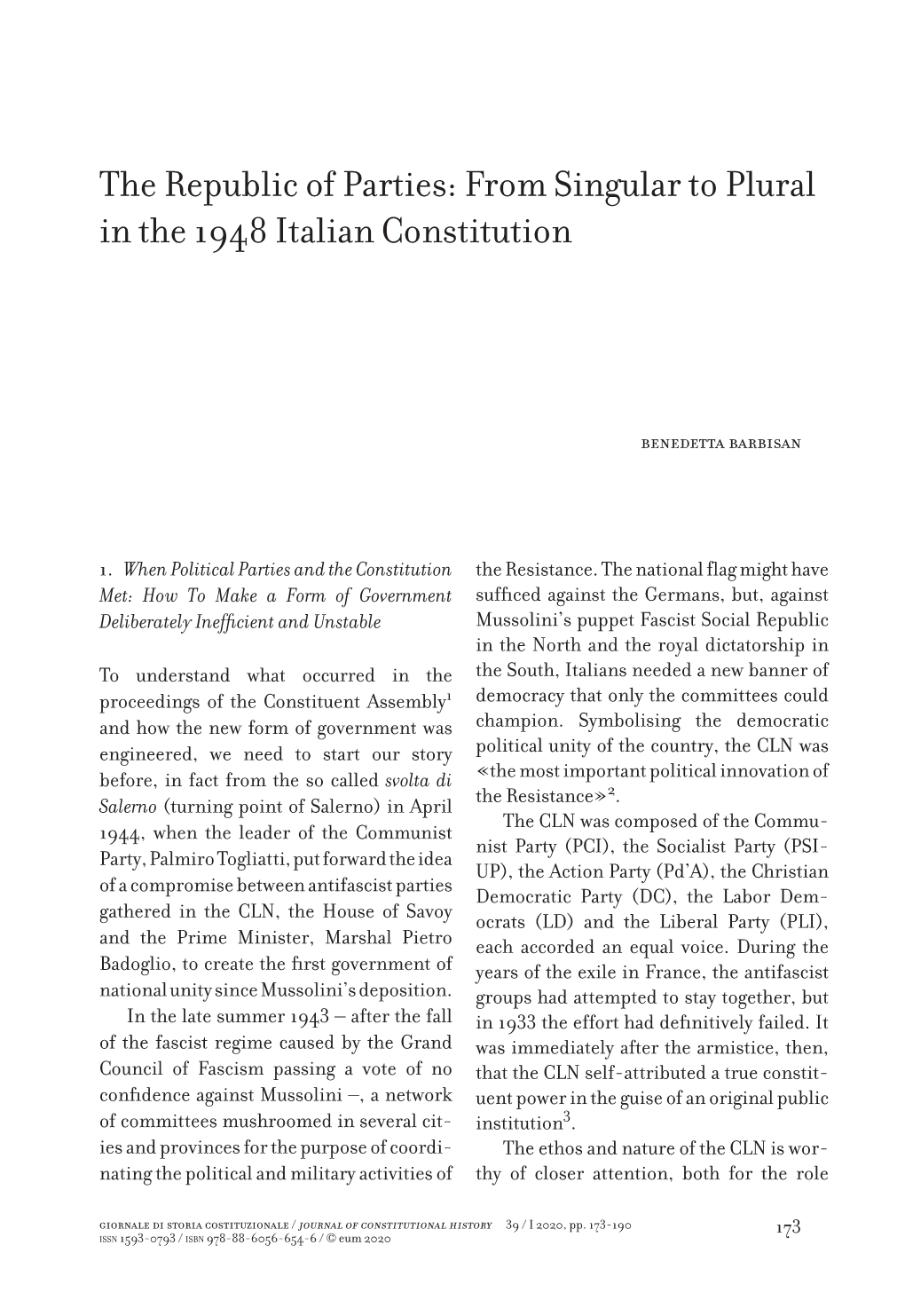 The Republic of Parties: from Singular to Plural in the 1948 Italian Constitution