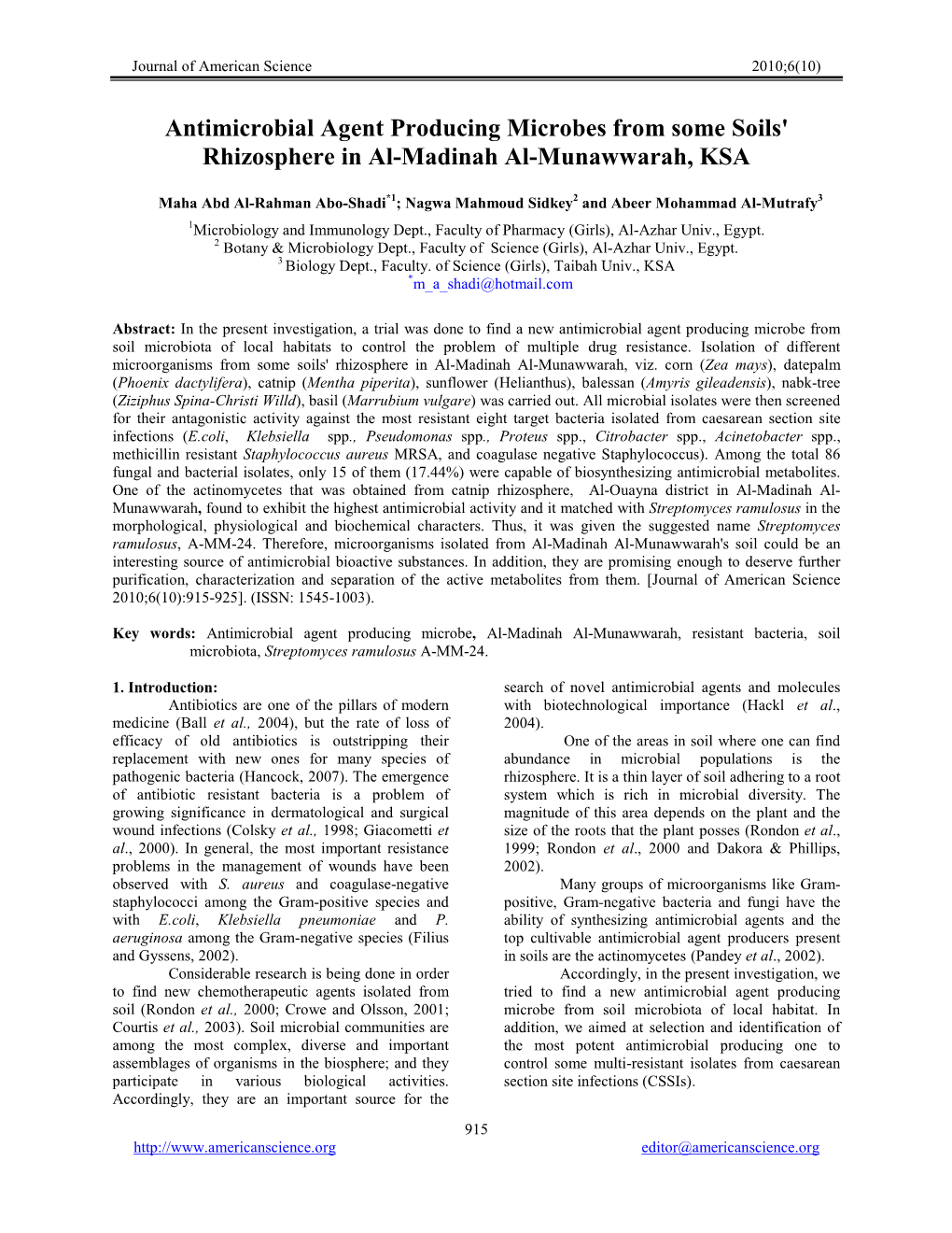 Antimicrobial Agent Producing Microbes from Some Soils' Rhizosphere in Al-Madinah Al-Munawwarah, KSA