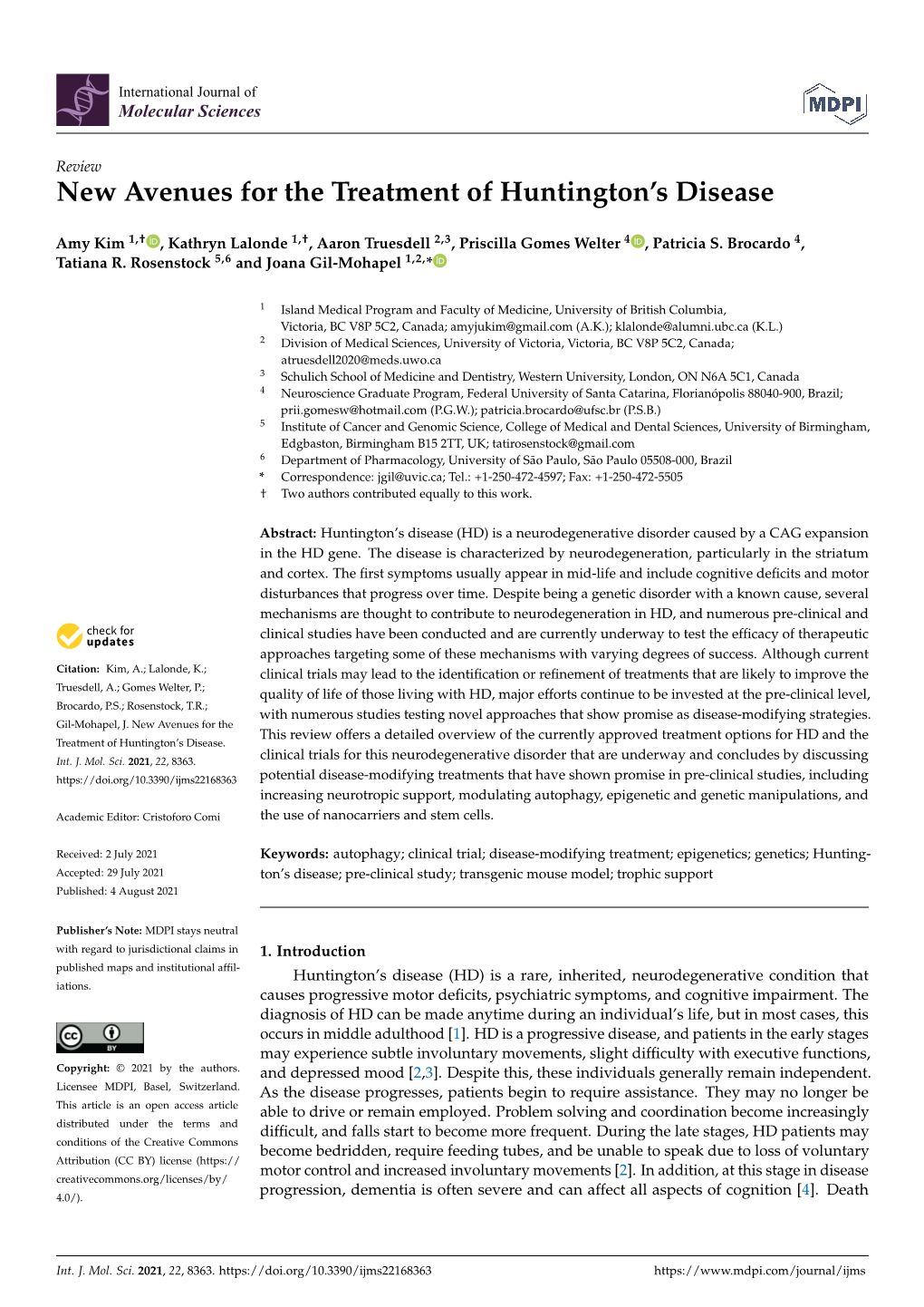 New Avenues for the Treatment of Huntington's Disease