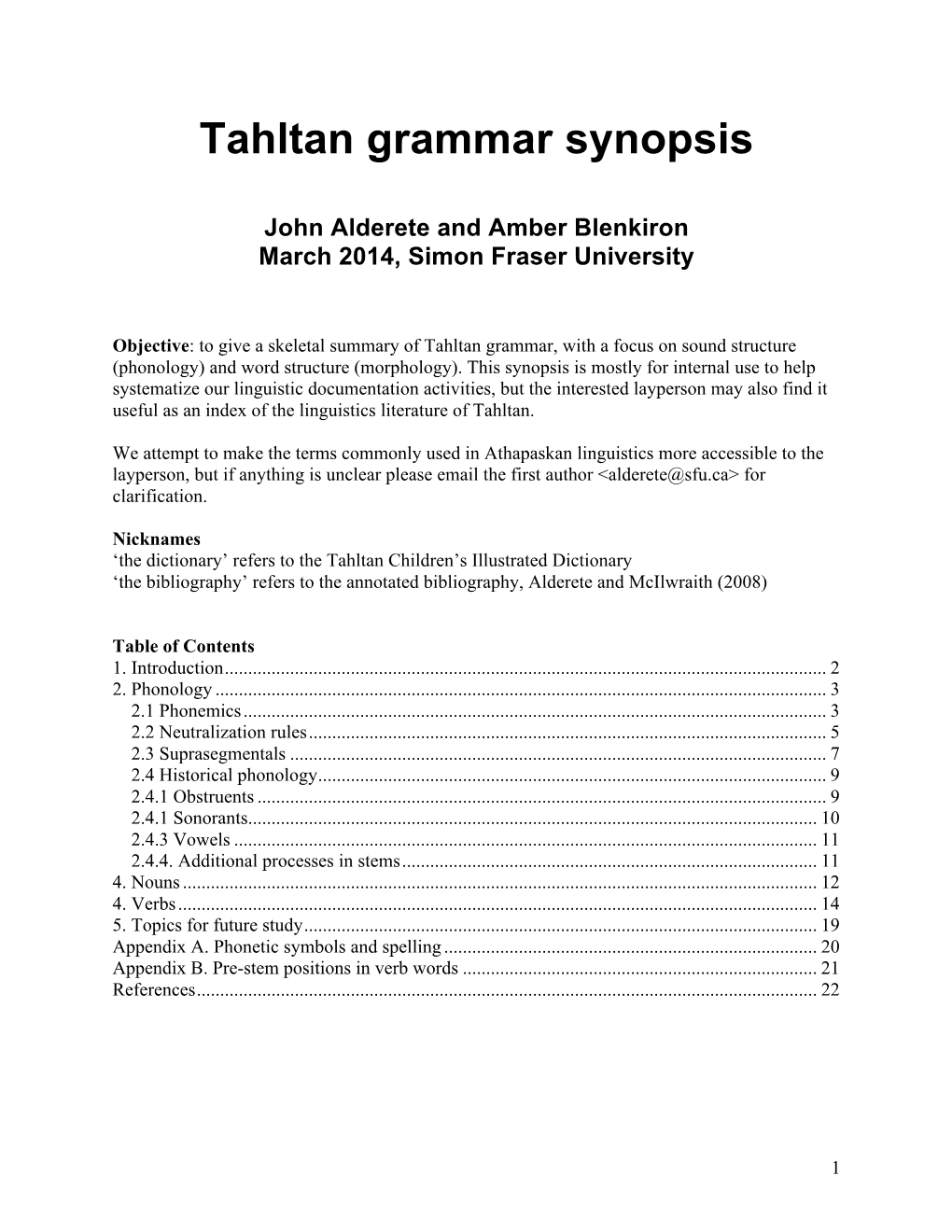 Tahltan Grammar Synopsis