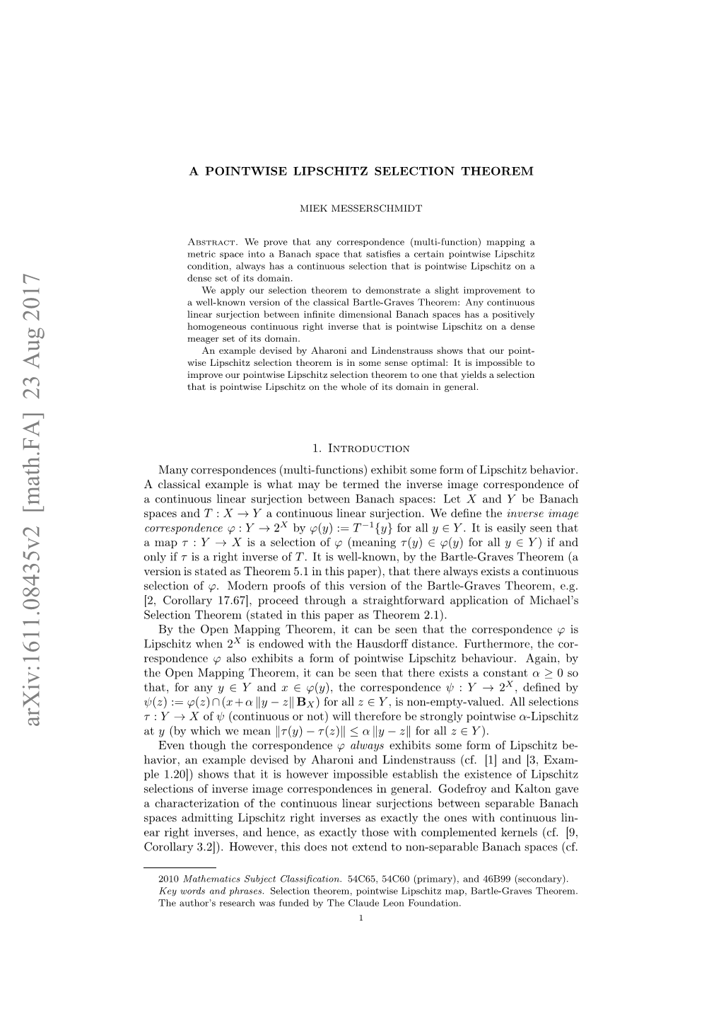 A Pointwise Lipschitz Selection Theorem in This Section We Will Prove Our Pointwise Lipschitz Selection Theorem (Theo- Rem 3.4)