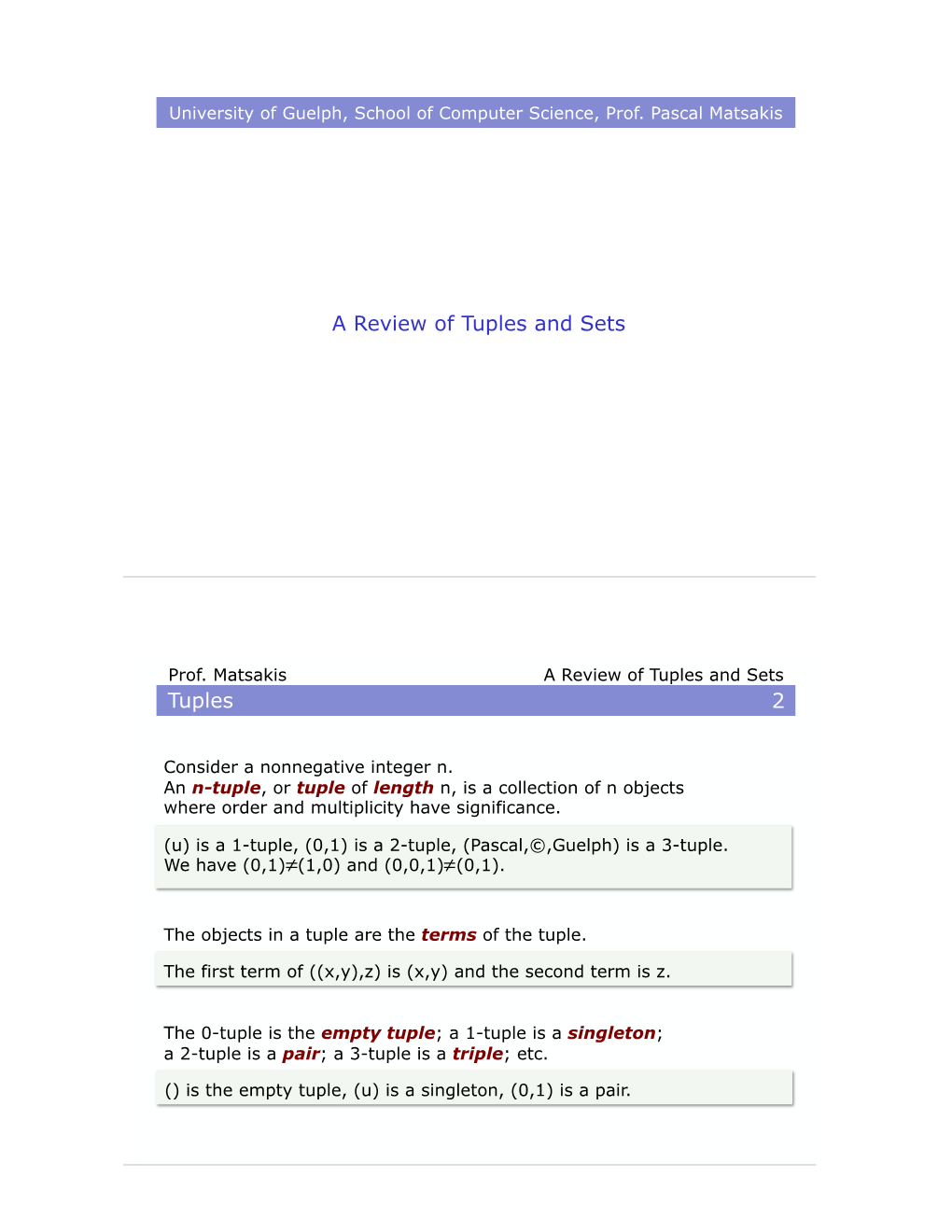 A Review of Tuples and Sets