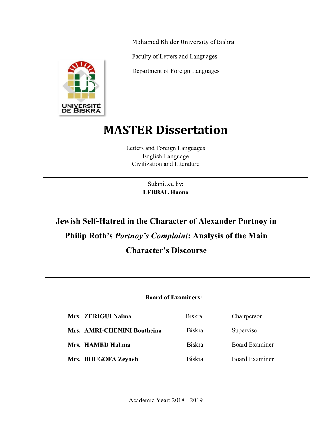 Jewish Self-Hatred in the Character of Alexander Portnoy in Philip Roth’S Portnoy’S Complaint: Analysis of the Main Character’S Discourse