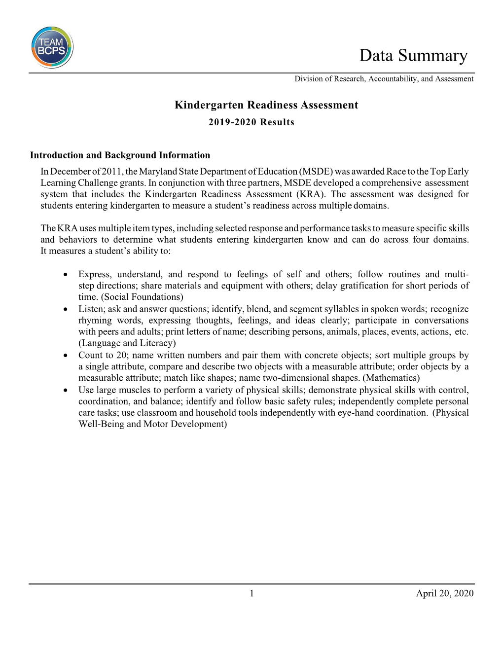 Kindergarten Readiness Assessment 2019 -2020 Results