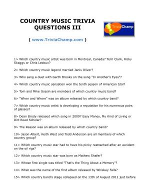 Country Music Trivia Questions Iii