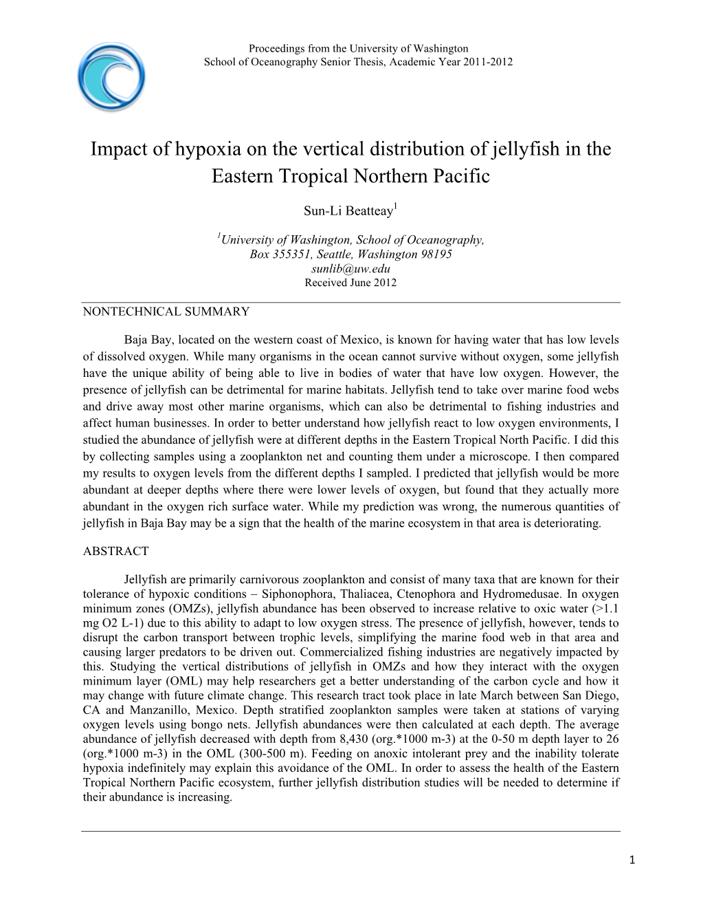 Impact of Hypoxia on the Vertical Distribution of Jellyfish in the Eastern Tropical Northern Pacific