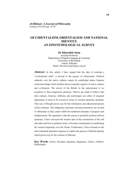 Occidentalism, Orientalism and National Identity an Epistemological Survey