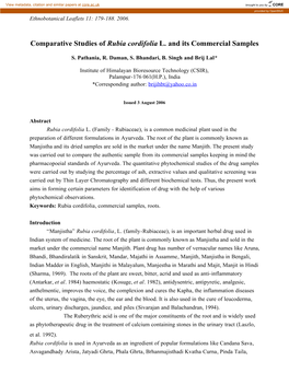 Comparative Studies of Rubia Cordifolia L. and Its Commercial Samples