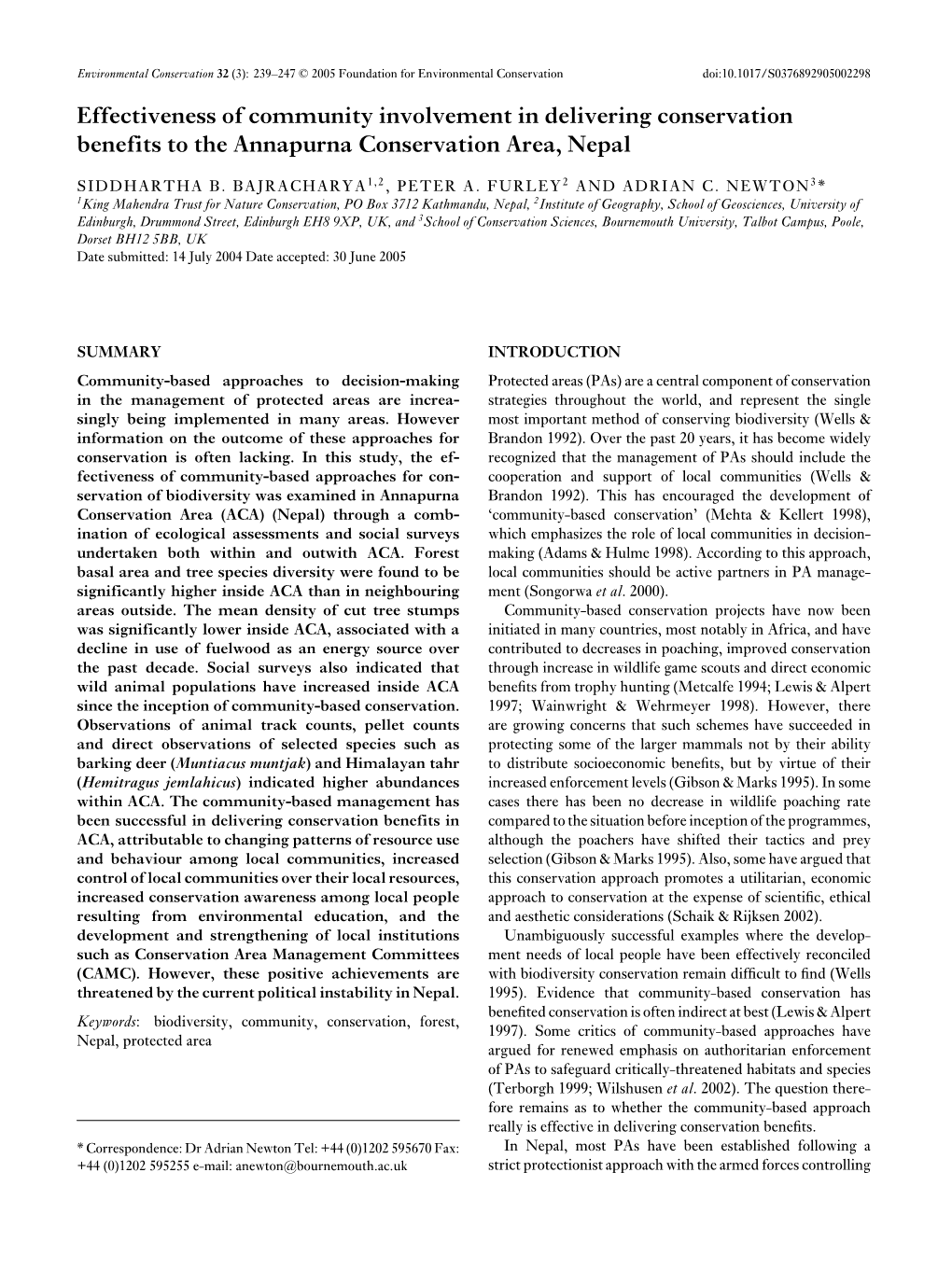 Effectiveness of Community Involvement in Delivering Conservation Benefits to the Annapurna Conservation Area, Nepal