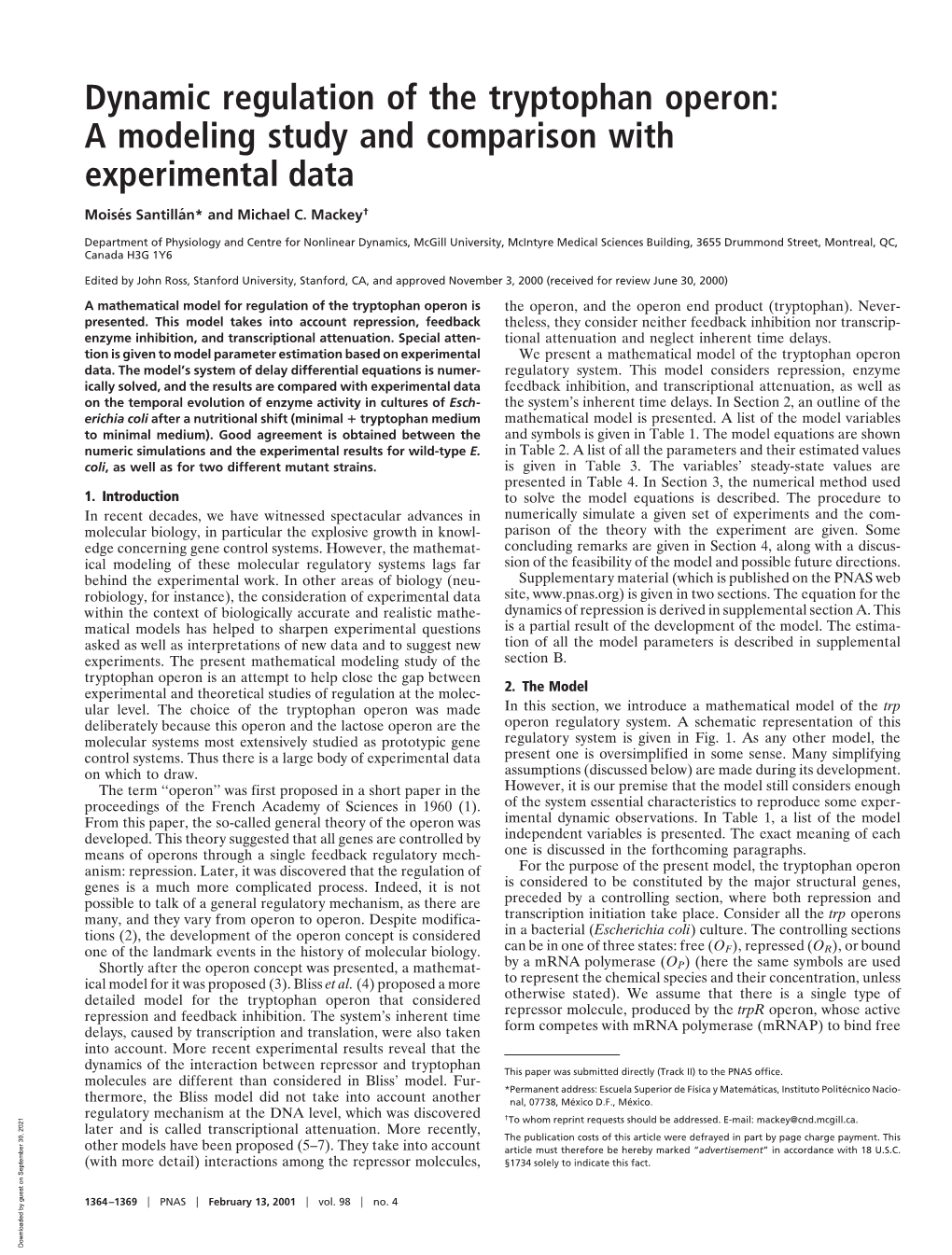 Dynamic Regulation of the Tryptophan Operon: a Modeling Study and Comparison with Experimental Data