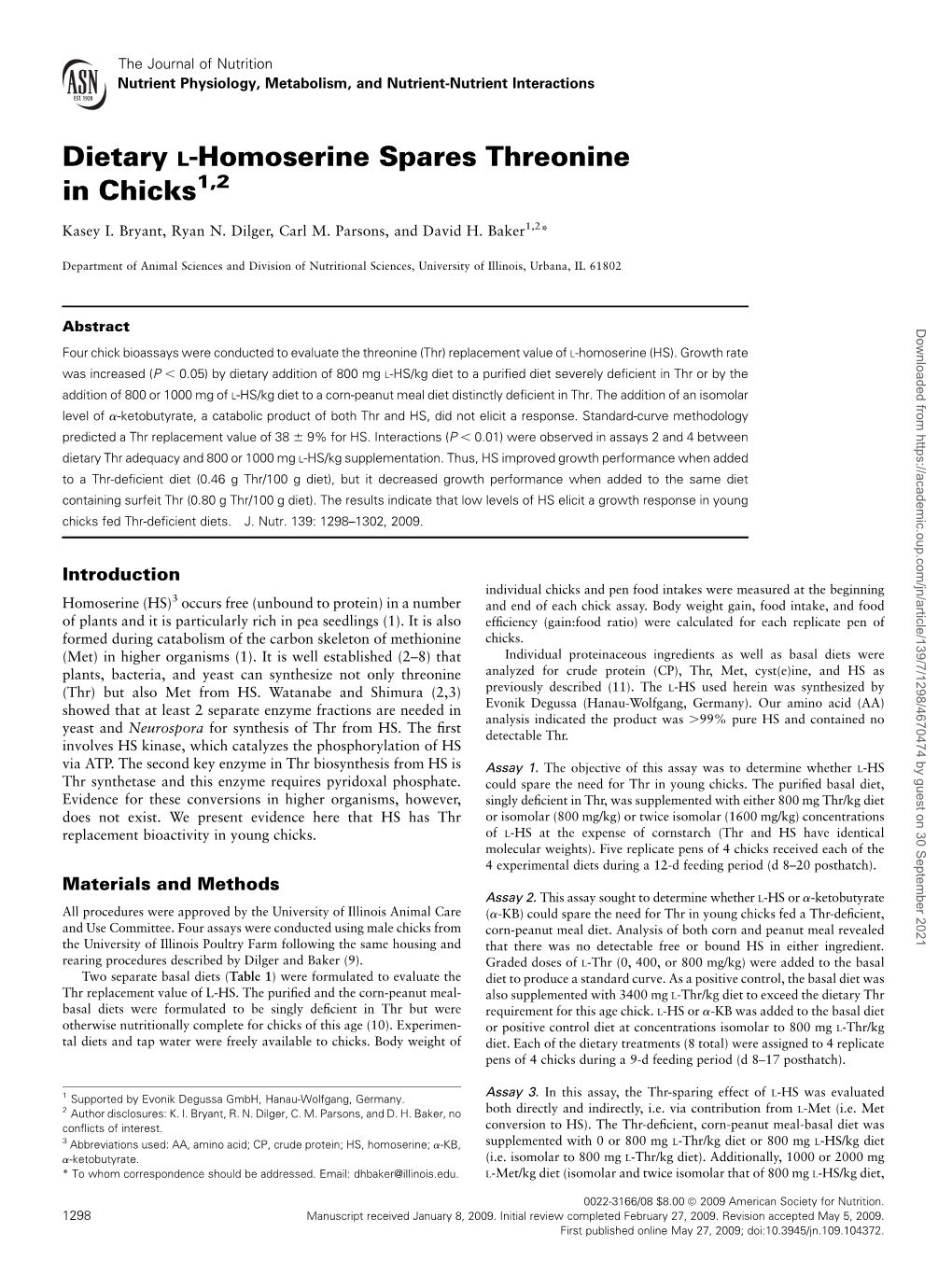 Dietary L-Homoserine Spares Threonine in Chicks1,2