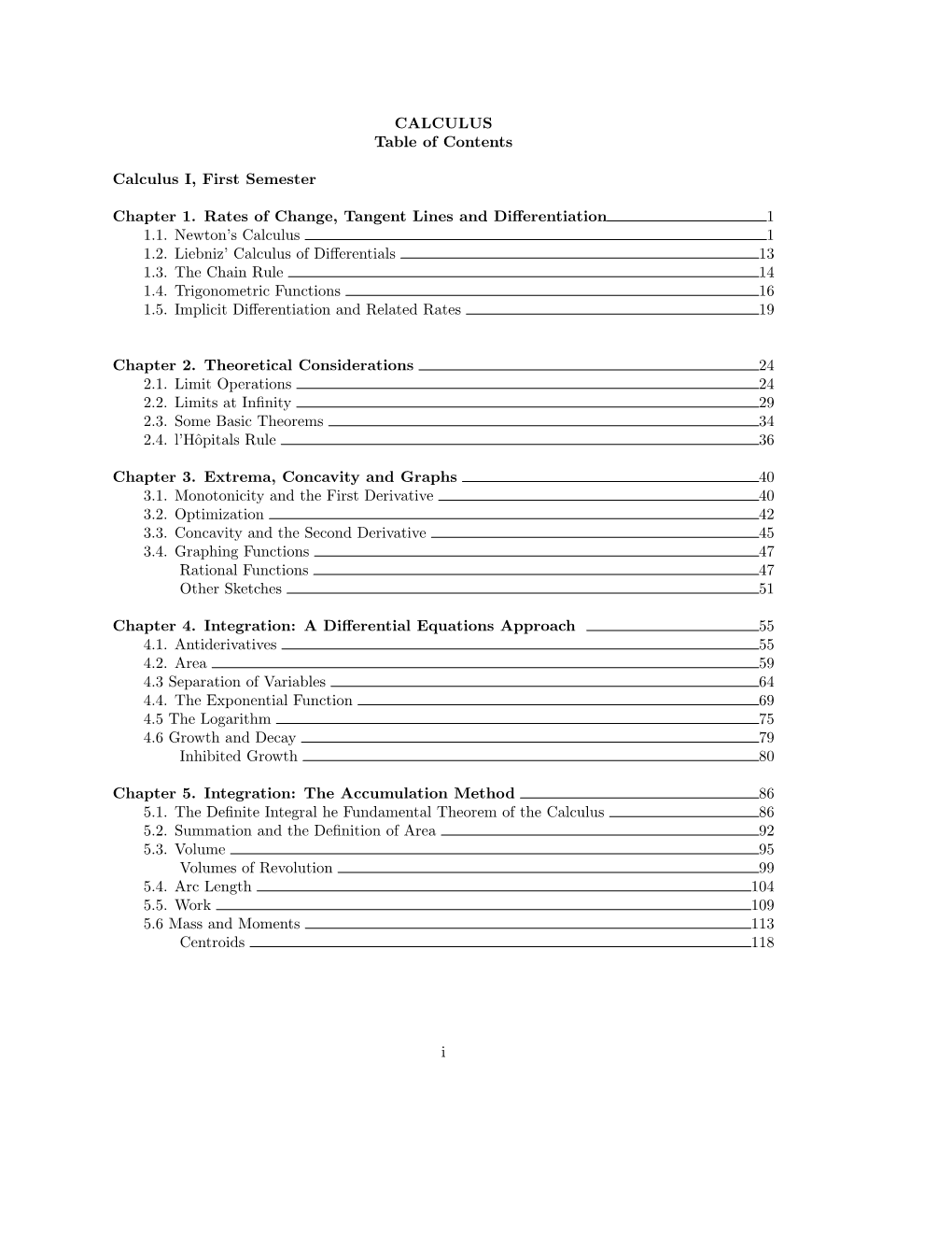 CALCULUS Table of Contents Calculus I, First Semester Chapter 1