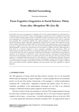 From Cognitive Linguistics to Social Science: Thirty Years After Metaphors We Live By