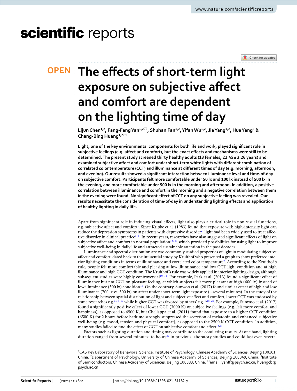 The Effects of Short-Term Light Exposure on Subjective Affect And