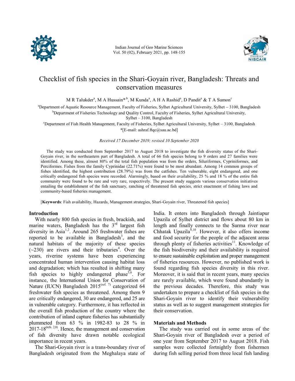 Checklist of Fish Species in the Shari-Goyain River, Bangladesh: Threats and Conservation Measures