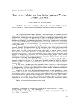 Rare Lichen Habitats and Rare Lichen Species of Ventura County, California
