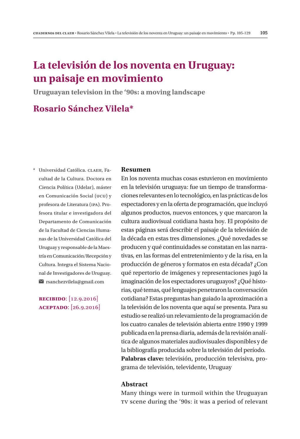 La Televisión De Los Noventa En Uruguay: Un Paisaje En Movimiento ∙ Pp